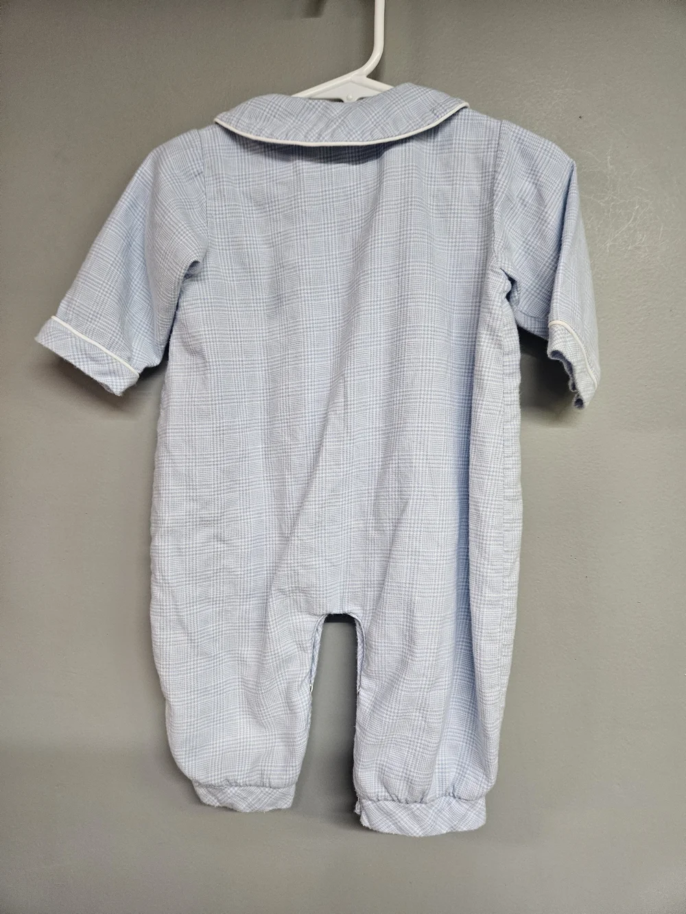 Vintage 6 Month Long Sleeve Blue Plaid Romper Embroidered Bear